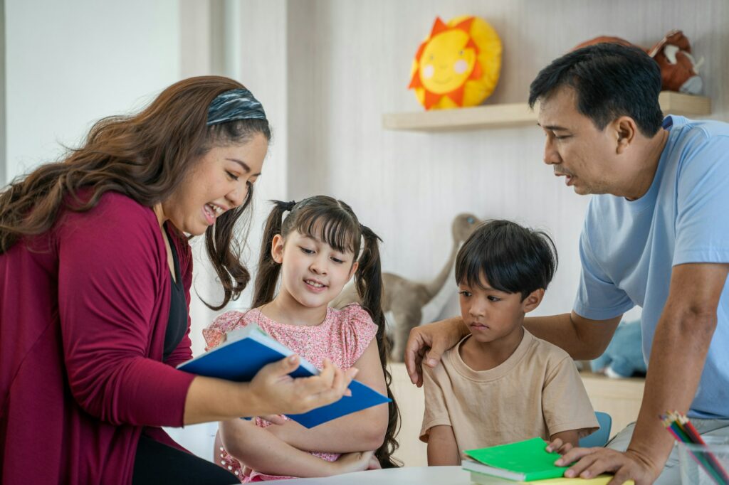 Happy family in living room at home,Activities of family members are good Education.